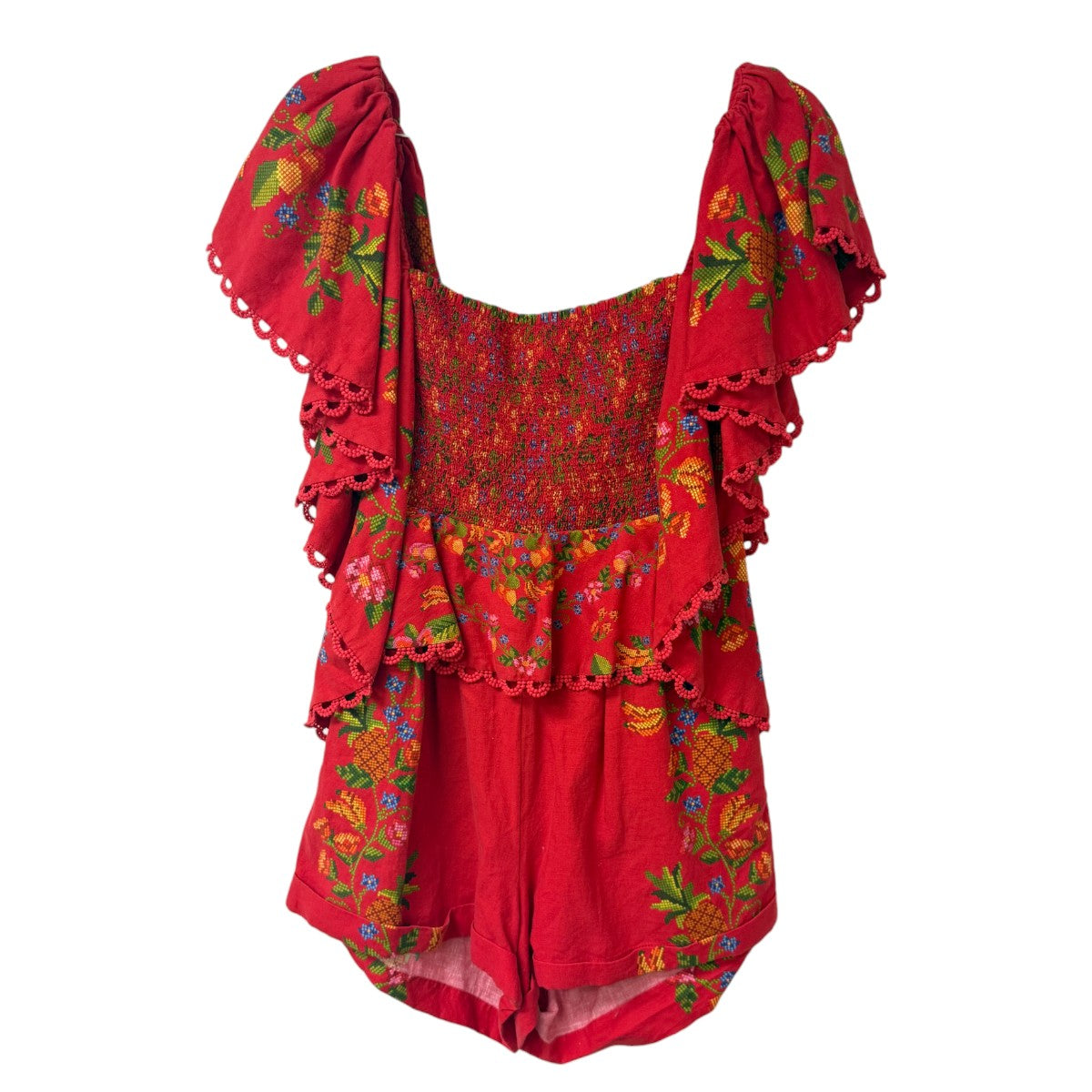 Farm Rio Red Tropical Romance Ruffle Smocked Romper Women's
