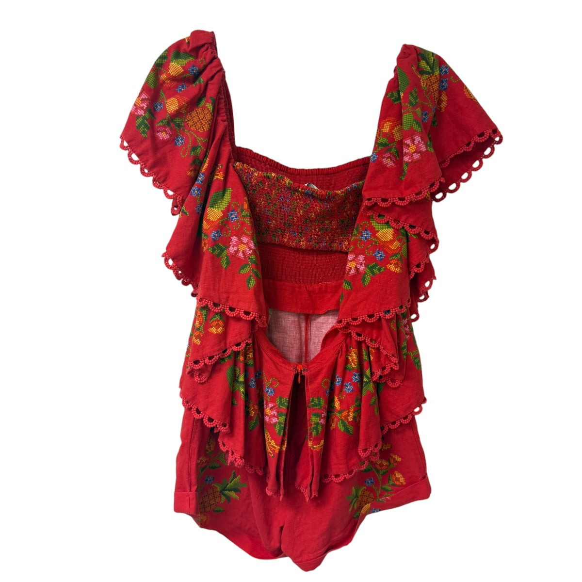 Farm Rio Red Tropical Romance Ruffle Smocked Romper Women's