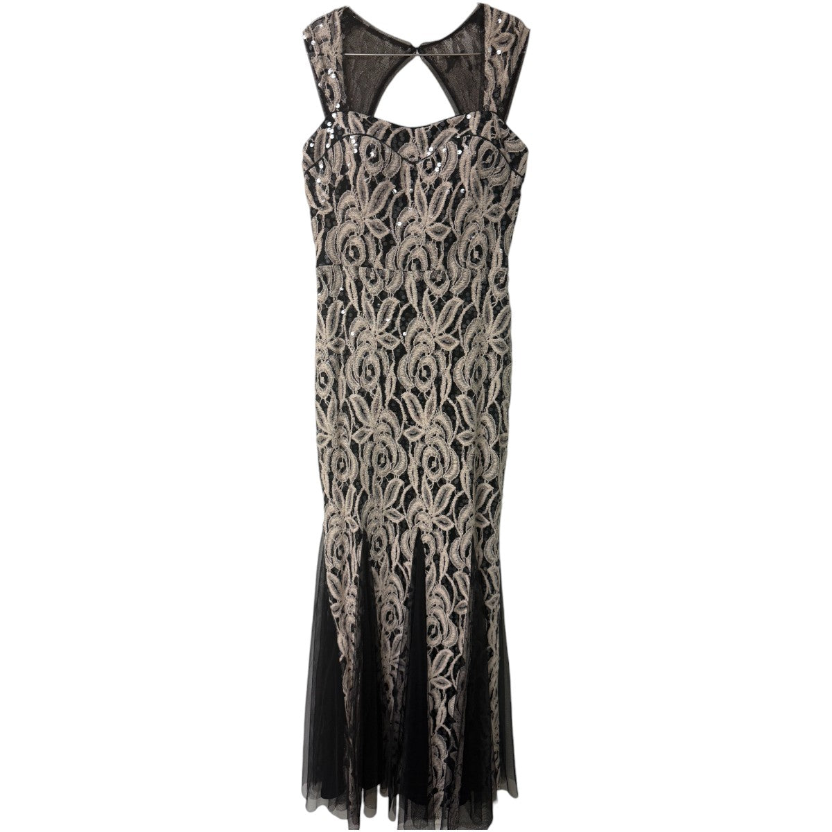 Betsy & Adam Black Beige Sequin Floral Embroidered Maxi Evening Dress