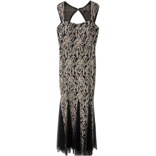 Betsy & Adam Black Beige Sequin Floral Embroidered Maxi Evening Dress