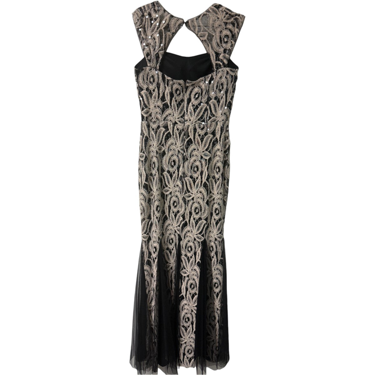 Betsy & Adam Black Beige Sequin Floral Embroidered Maxi Evening Dress