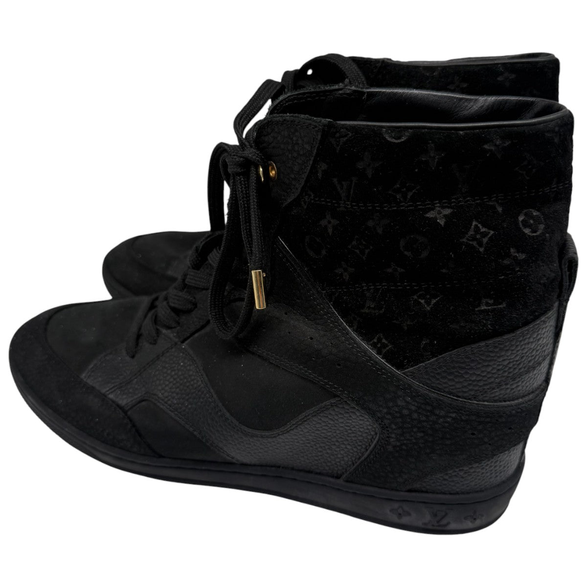 Louis Vuitton Black Leather Suede Monogram Cliff Top Wedge Sneaker