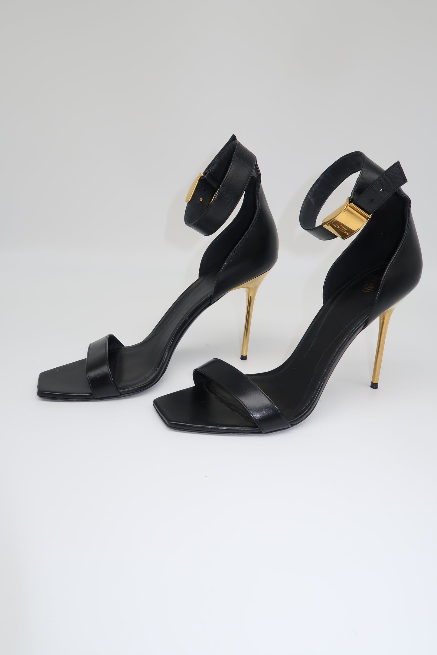 Balmain Leather Uma Buckle Logo Ankle Strap Heel Sandals Black Women's Size 39.5