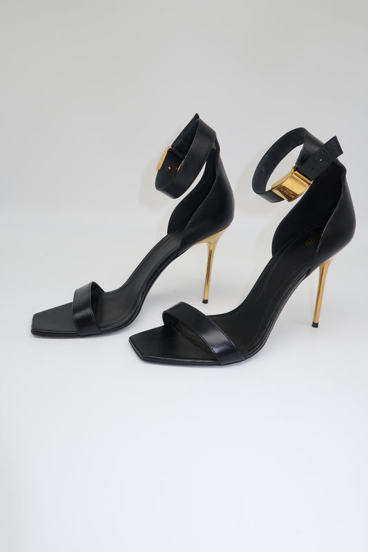 Balmain Leather Uma Buckle Logo Ankle Strap Heel Sandals Black Women's Size 39.5