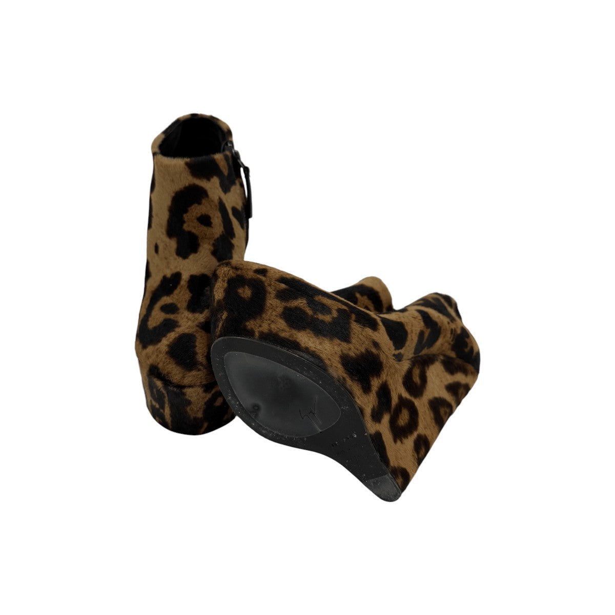 Giuseppe Zanotti Brown Calfskin Leopard Print Wedge Ankle Boots