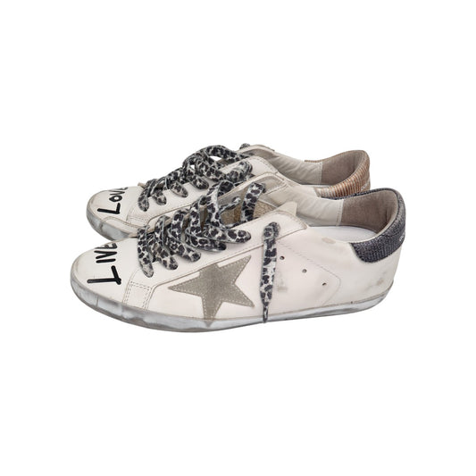Golden Goose White Leather Love Print Superstar Sneakers