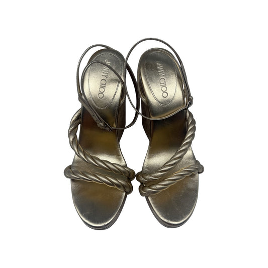 Jimmy Choo Gold Leather Diosa Ankle Strap Wedge Sandals