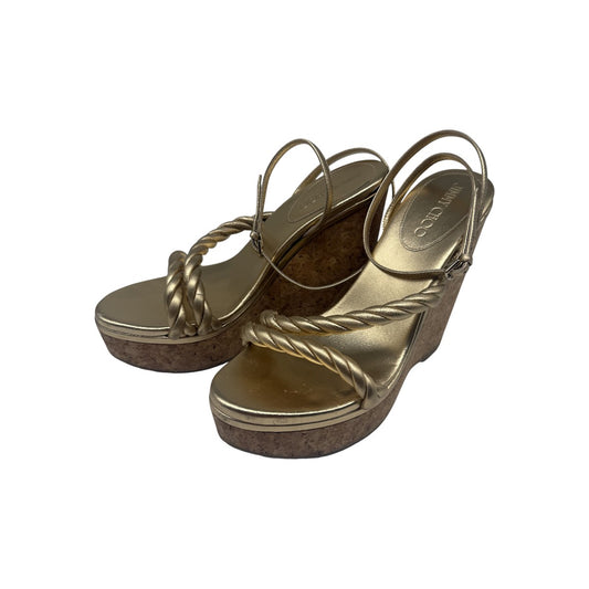 Jimmy Choo Gold Leather Diosa Ankle Strap Wedge Sandals
