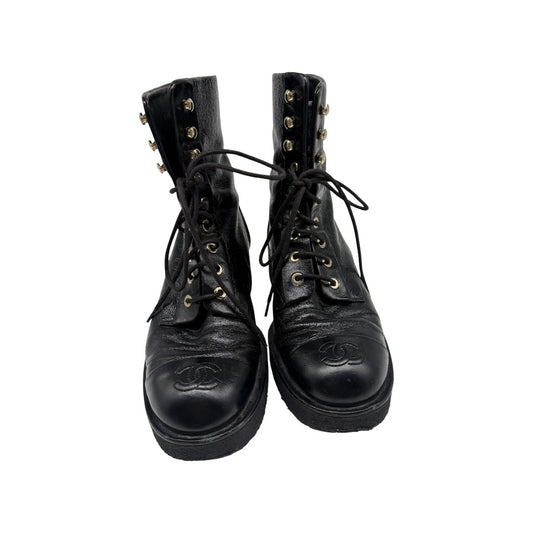 Chanel Black Leather Interlocking CC Logo Lace Up Combat Boots