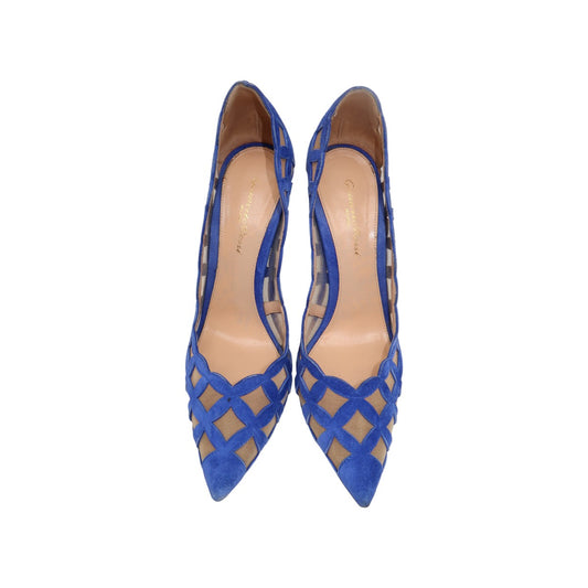 Gianvito Rossi Blue Suede Cut-Out Scalloped Point Toe Pump Heels