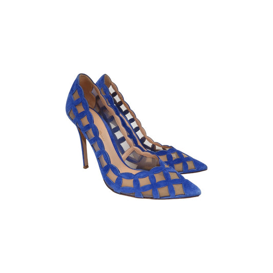 Gianvito Rossi Blue Suede Cut-Out Scalloped Point Toe Pump Heels
