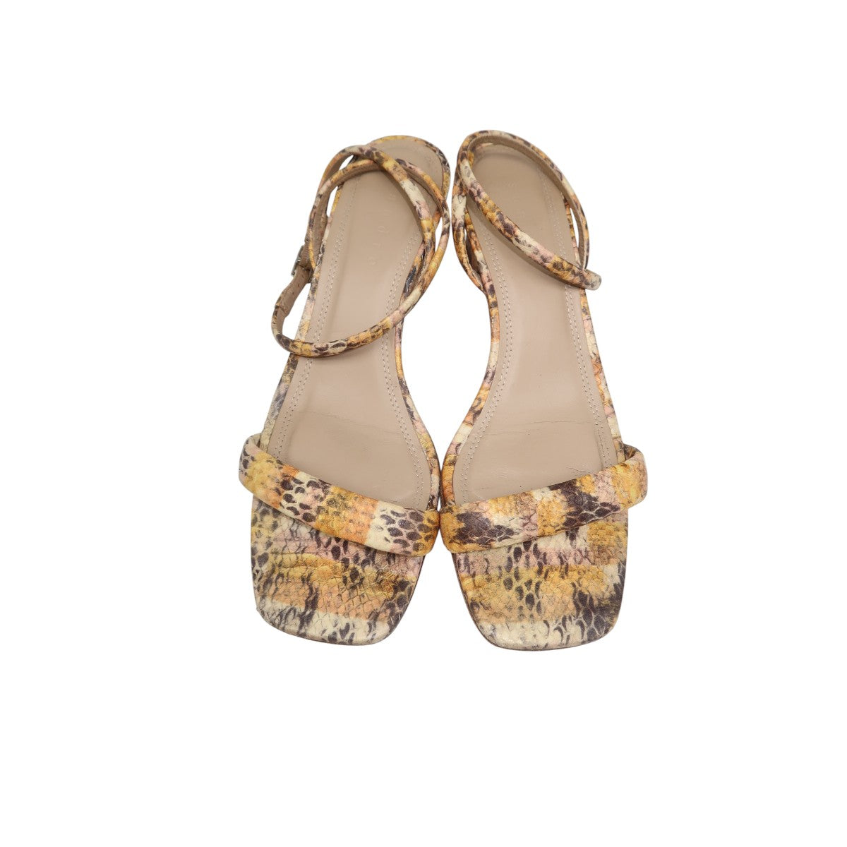 Sandro Maeva Beige Leather Snake Skin Print Ankle Strap Sandals