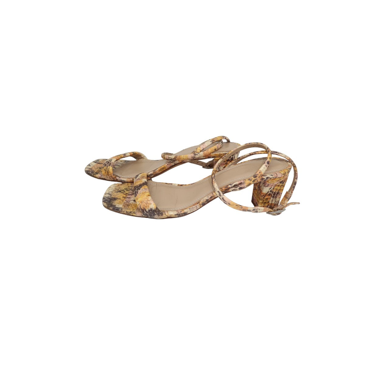 Sandro Maeva Beige Leather Snake Skin Print Ankle Strap Sandals