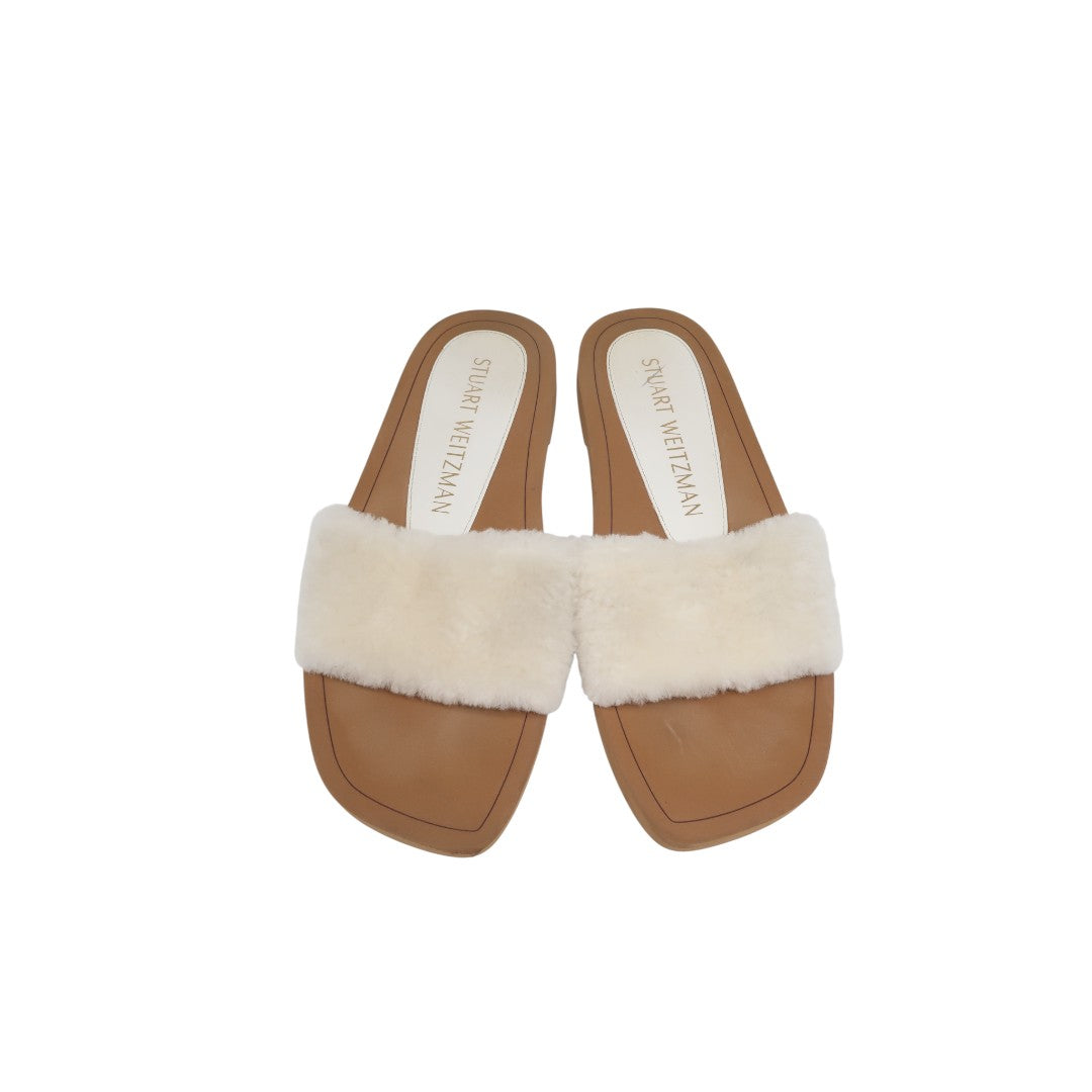 Stuart Weitzman Brown Cammy Shearling-Strap Slide Sandals