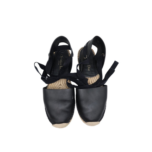Christian Dior Black Leather Nicely-D Ankle Strap Espadrille Flats