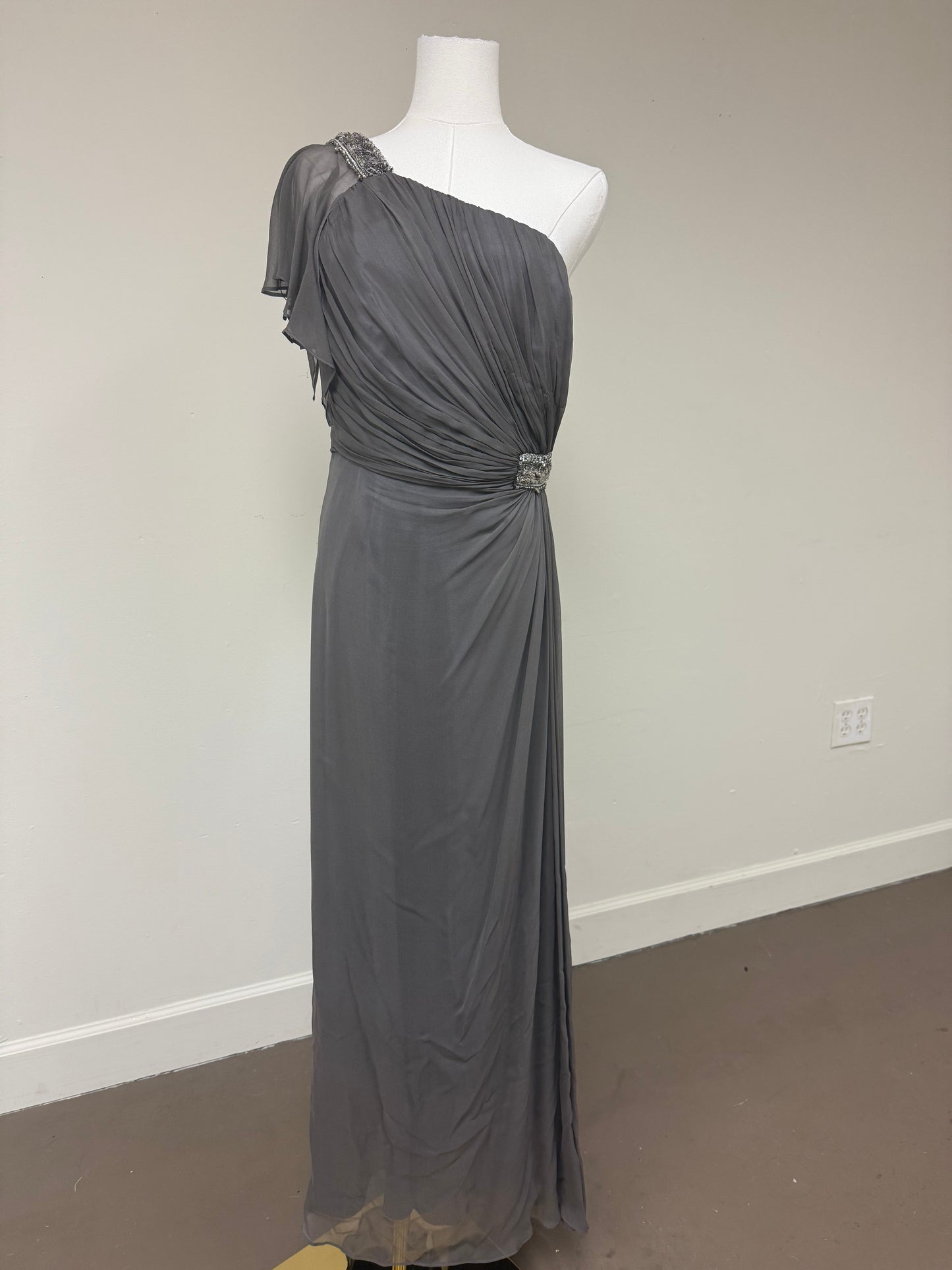 David Meister Formal Flowing One Shoulder Embellished Maxi Evening Dress Size 10