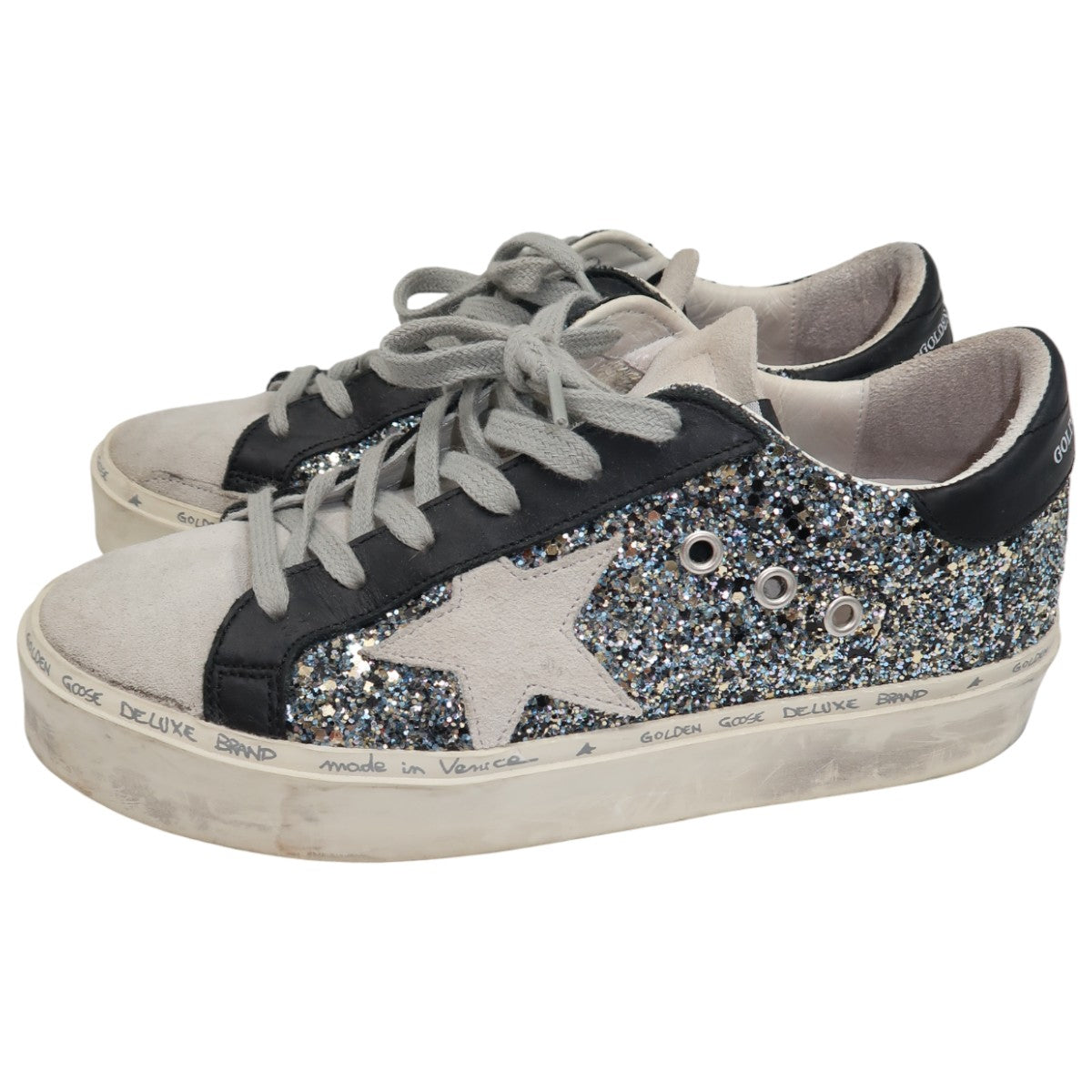 Golden Goose Silver Glitter Suede Hi Star Lace Up Low Top Sneaker
