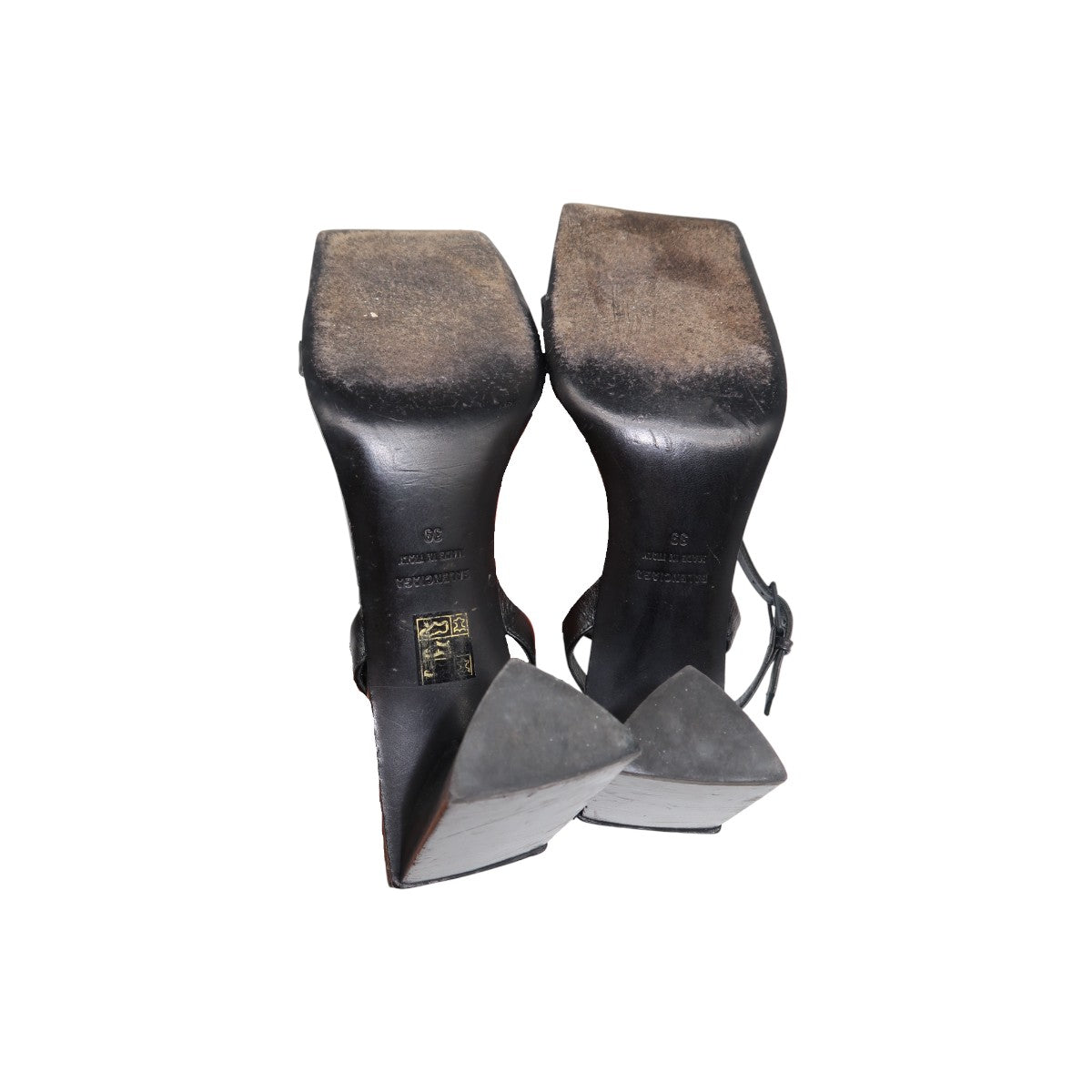 Balenciaga Black Leather Square Toe Triangular Shaped Heel Moon Sandals