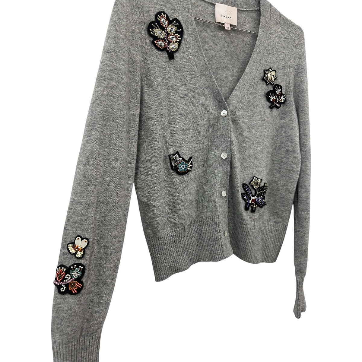 Cinq à Sept Wool V-Neck Graphic Embroidered Sweater Cardigan Gray Women's Size S