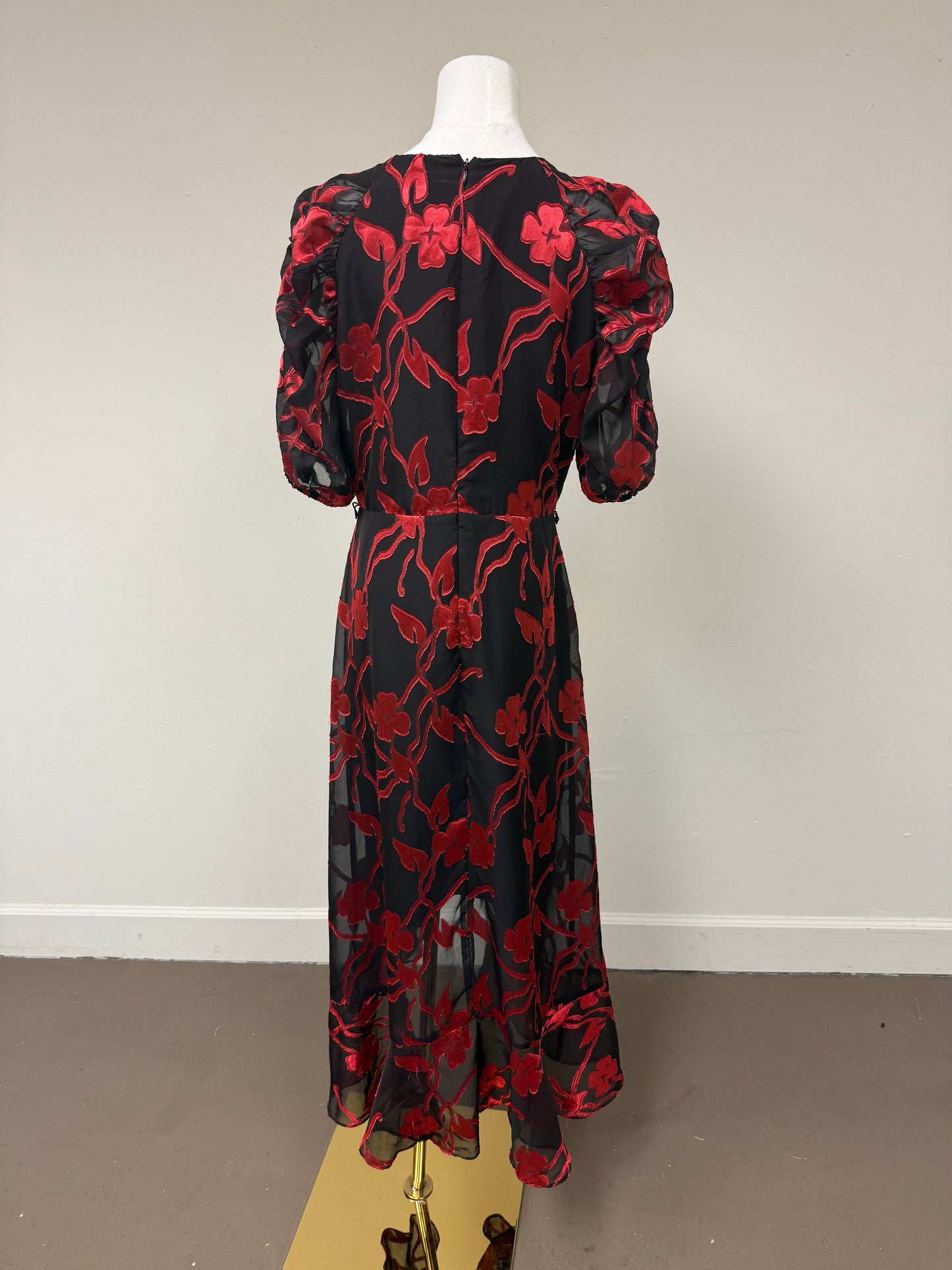 Kensie Floral Chiffon V-Neck Puff Sleeve A-line Midi Dress Red Black Size 10
