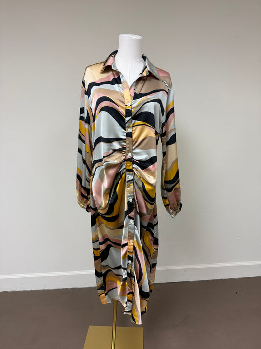 Ma Cherie Abstract Print Long Sleeve Button Up Midi Dress Multicolored Size L