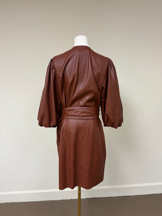 INC International Concept Faux Leather Puff Sleeve Wrap Dress Brown Size 10