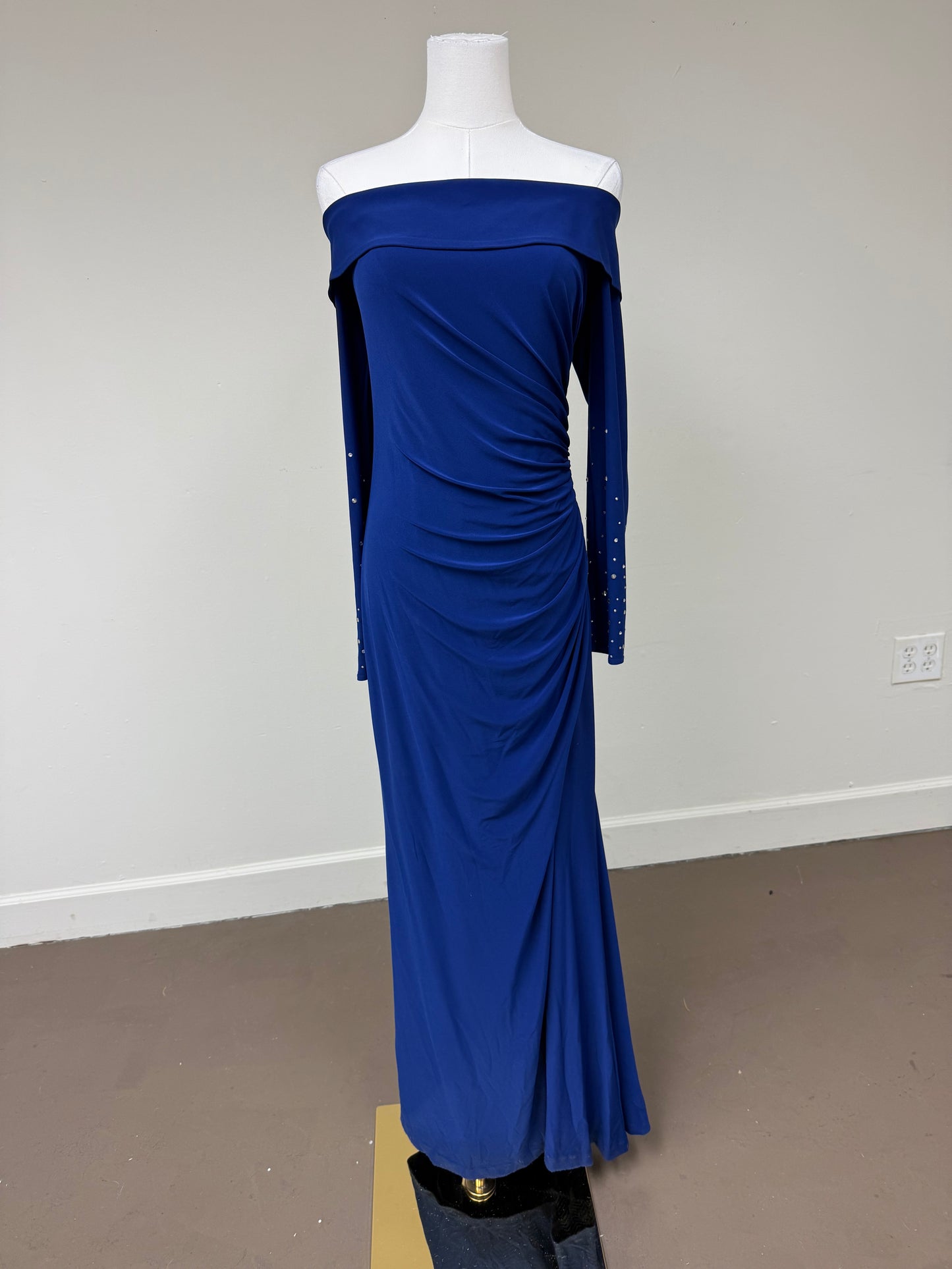 Vince Camuto Off-The-Shoulder Rhinestone Studded Ruched Maxi Gown Blue Size 12
