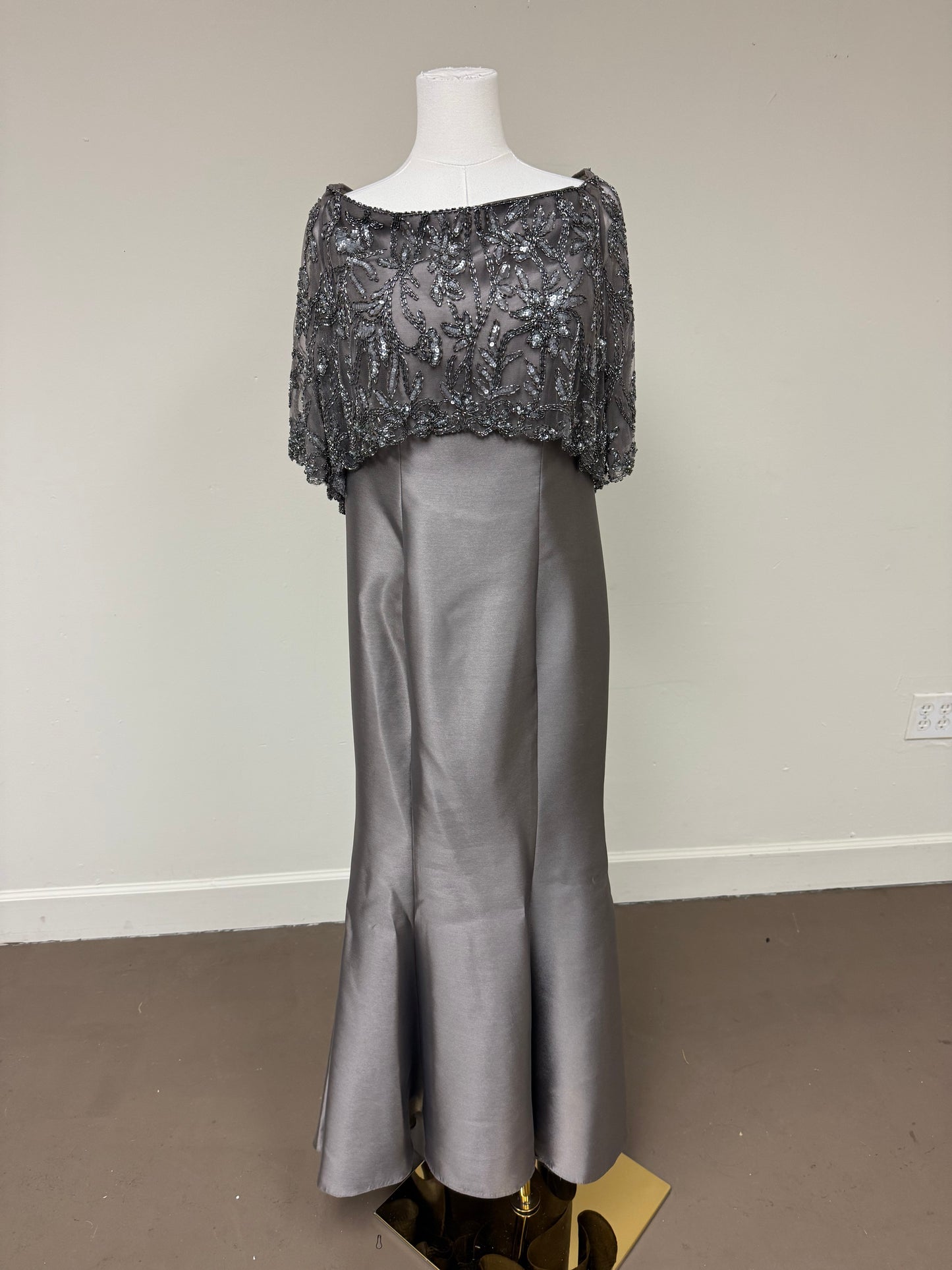 Montage by Mon Cheri Satin Rhinestone Beaded Off-Shoulder Maxi Gown Size 12