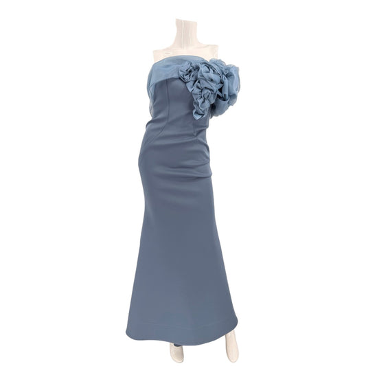 MGNY Scuba Crepe Floral Drape Straight Neck Maxi Gown Slate Blue Women's Size 2