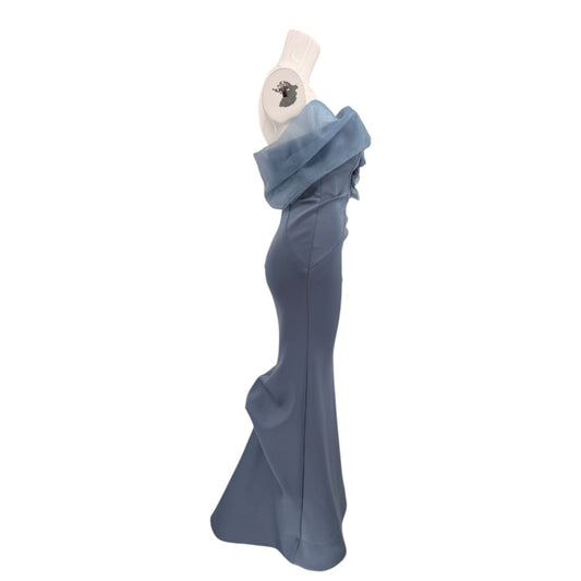 MGNY Scuba Crepe Floral Drape Straight Neck Maxi Gown Slate Blue Women's Size 2