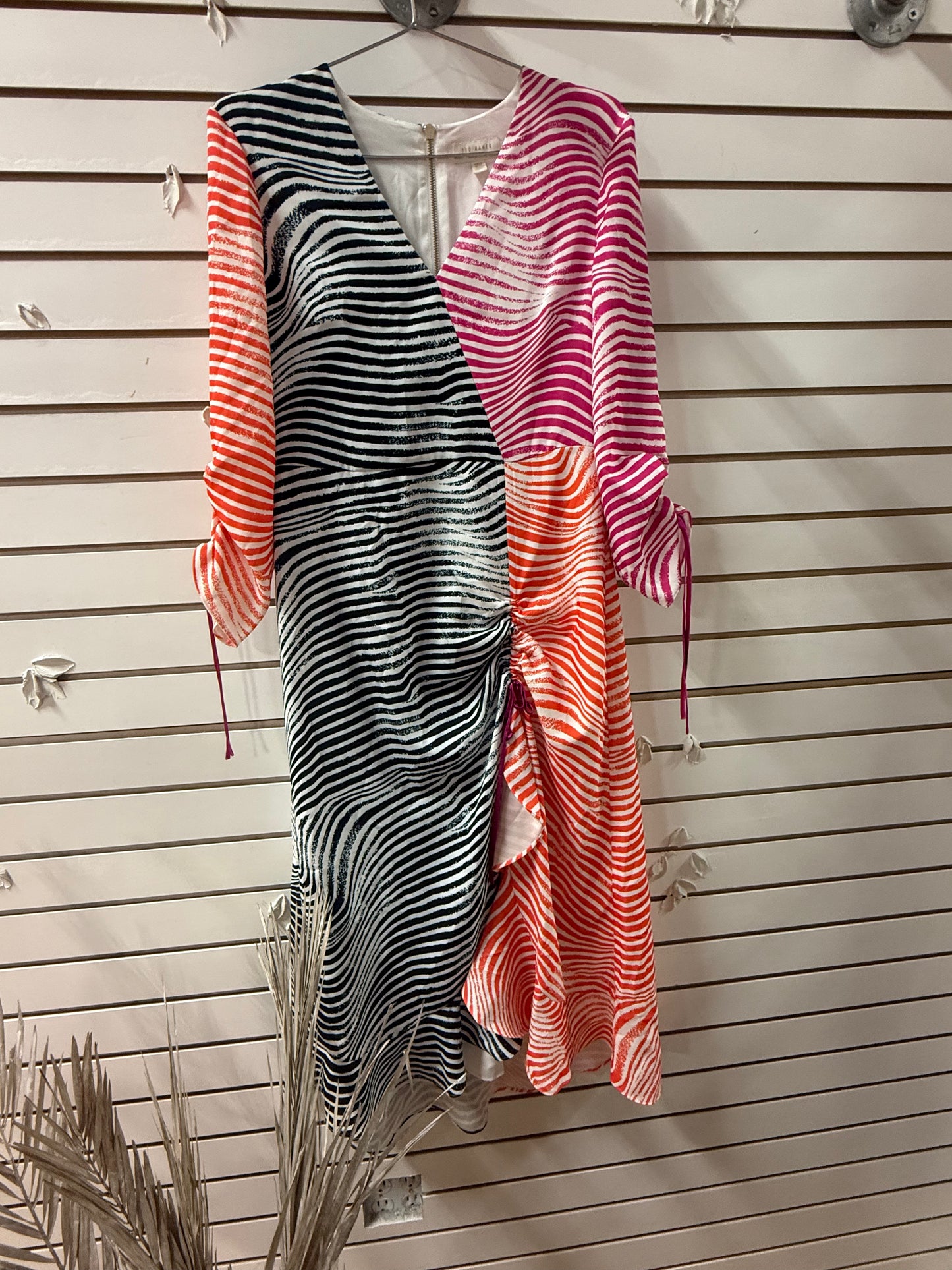 Ted Baker Wizzoh Zebra Print Mashup Ruched Asymmetric Midi Dress Ivory Size 2