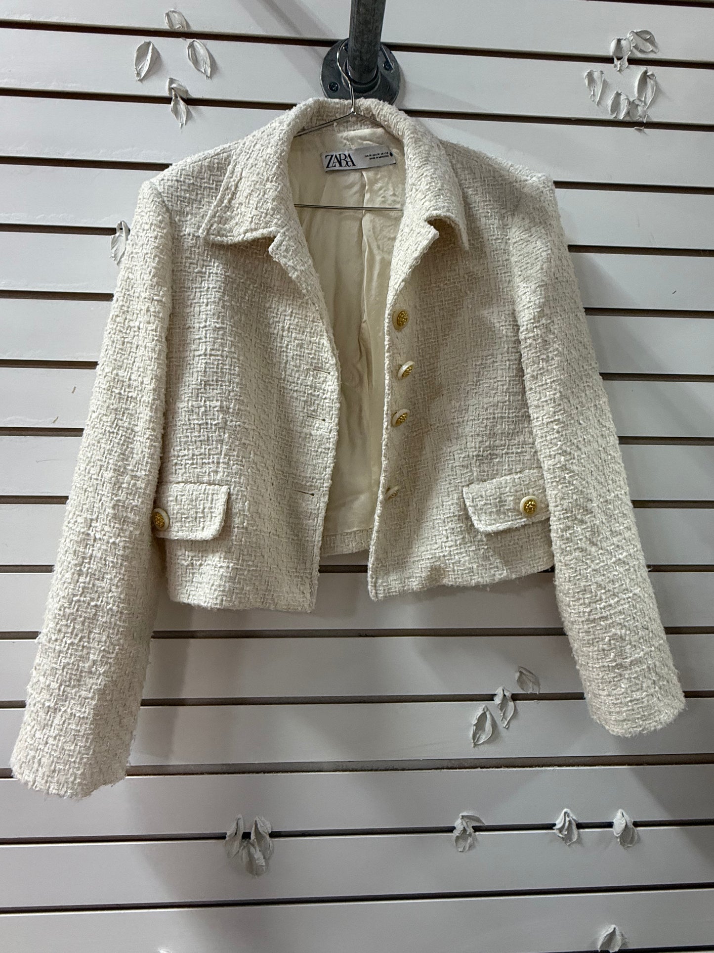 Zara Tweed Button Accent Collared Long Sleeve Cropped Blazer Jacket Ecrue Size M