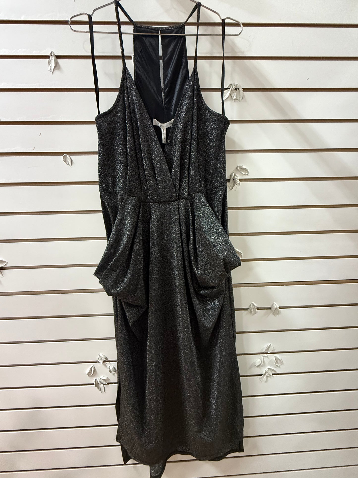 NWT BCBGeneration Drape Pocket Strappy Halter Midi Dress Metallic Black Size M
