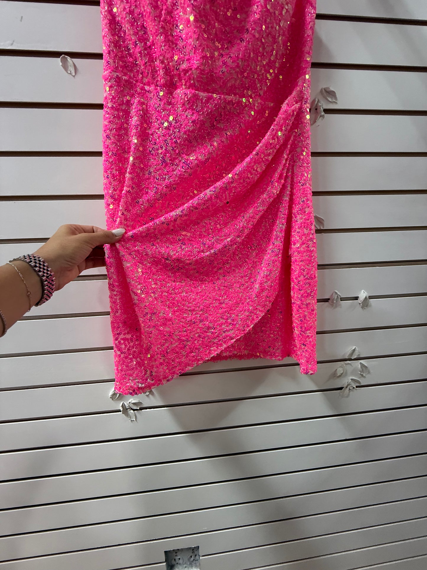 Crystal Doll Sequin Ruched Spaghetti Strap Mini Bodycon Dress Hot Pink Size XL