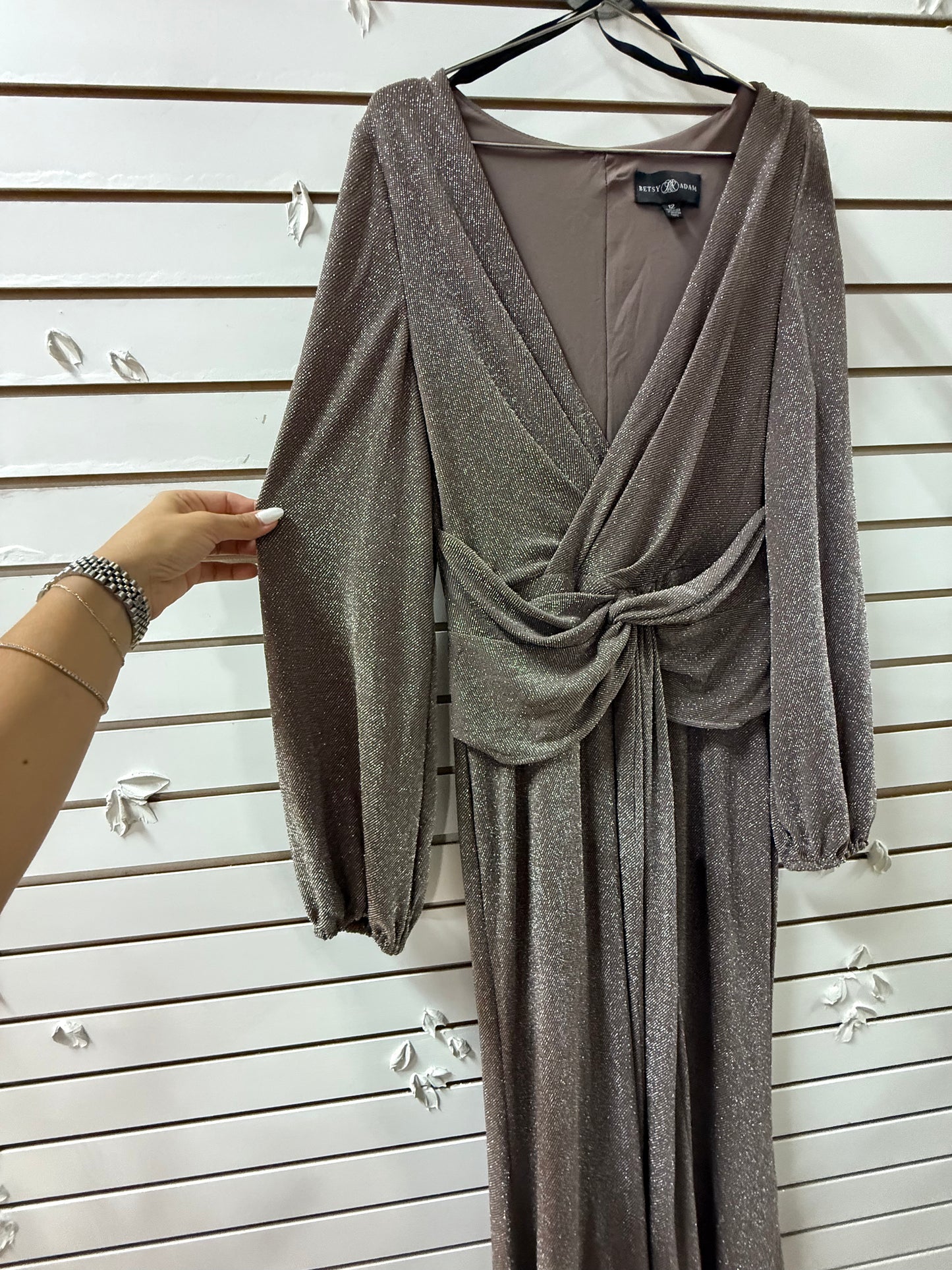 Betsy & Adam Nylon Blend Front Knot V-neck Maxi Dress Silver Metallic Size 12