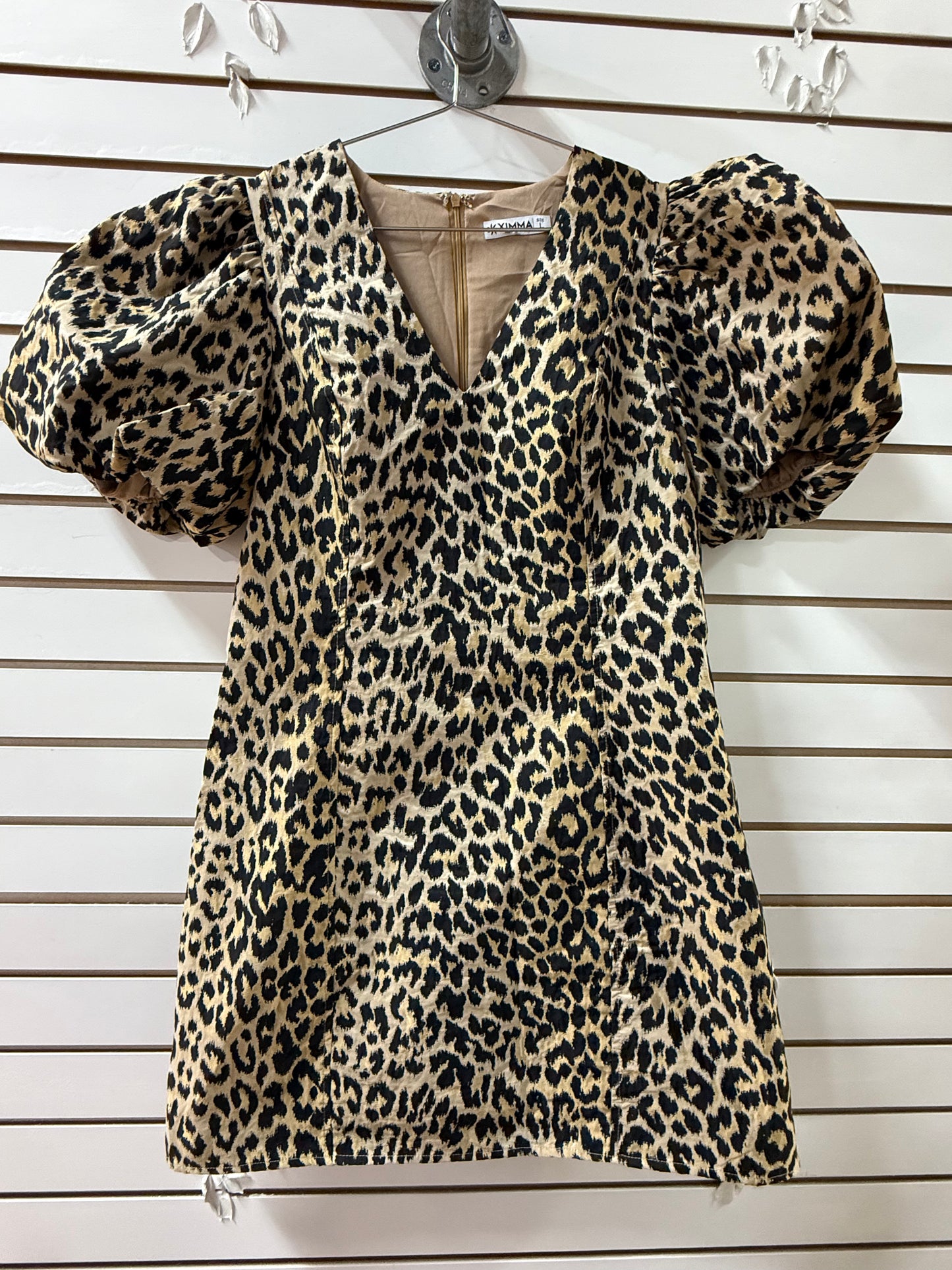 Ximma Cheetah Print Jacquard V-Neck Puff Sleeve Mini Dress Brown Multi Size L