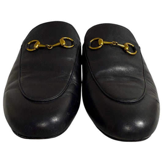 Gucci Black Leather Horsebit Accent Princetown Mules Flat Slippers