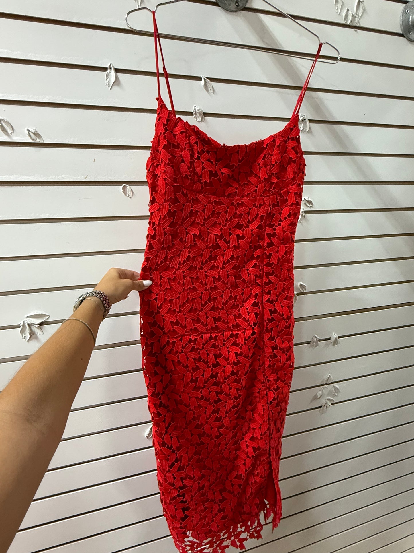 Bardot Ariel Lace Leaf Appliqué Square Neck Side Slit Midi Dress Red Size 8/M