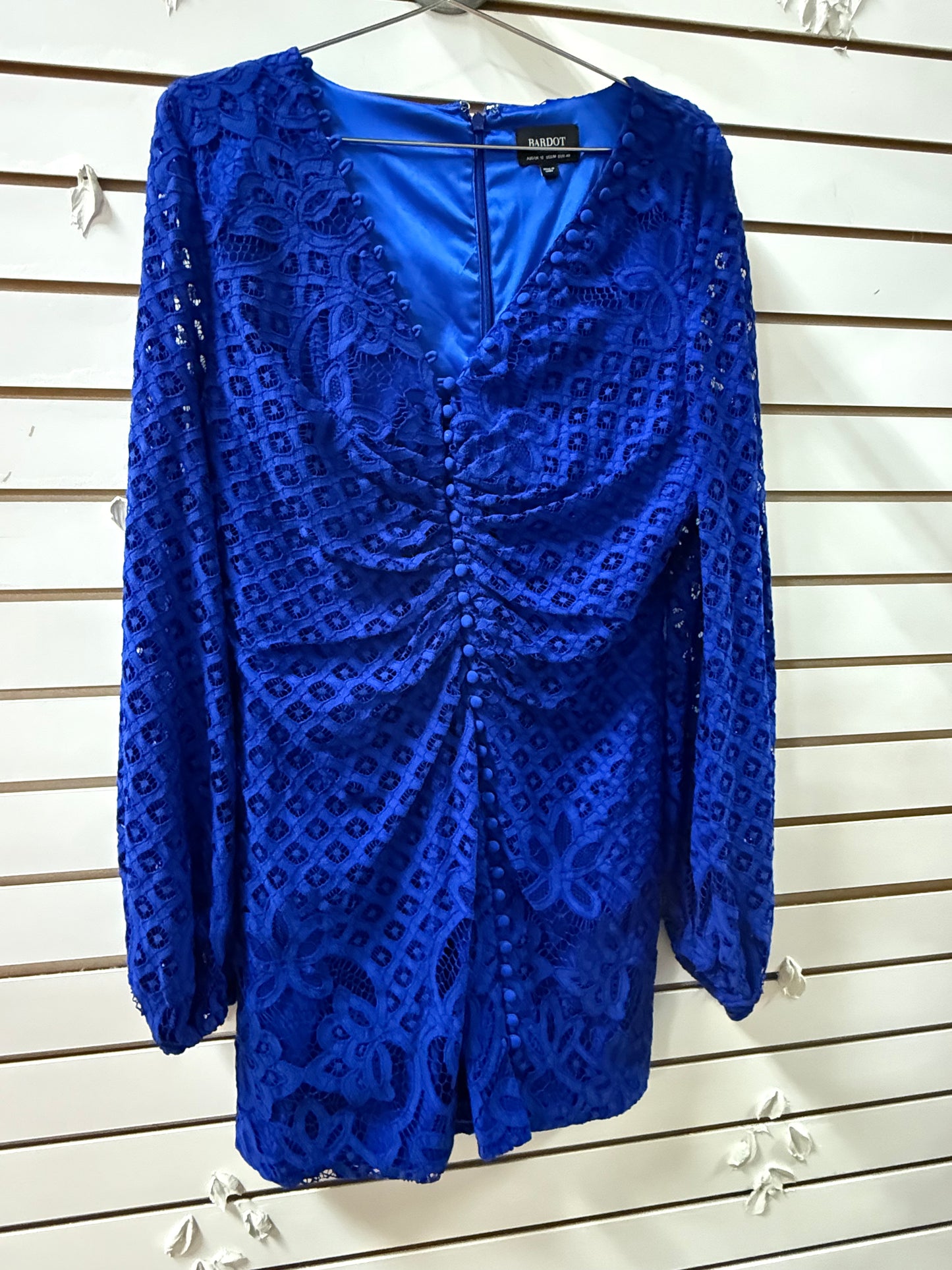 Bardot Lily Cobalt Lace Front Button V-neck Long Sleeve Mini Dress Blue Size 8