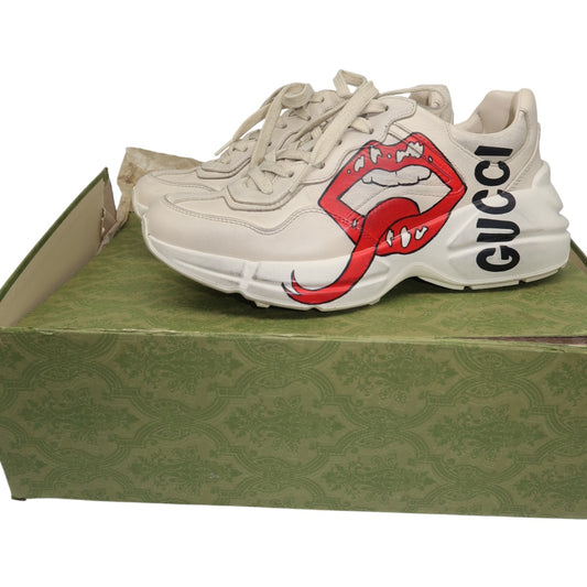 Gucci Ivory Leather Rhyton Mouth Print Lace-Up Low Top Sneakers