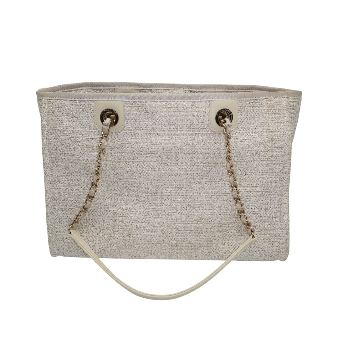 Chanel Lurex Boucle Deauville Canvas Gold Tone Small Tote Bag Beige