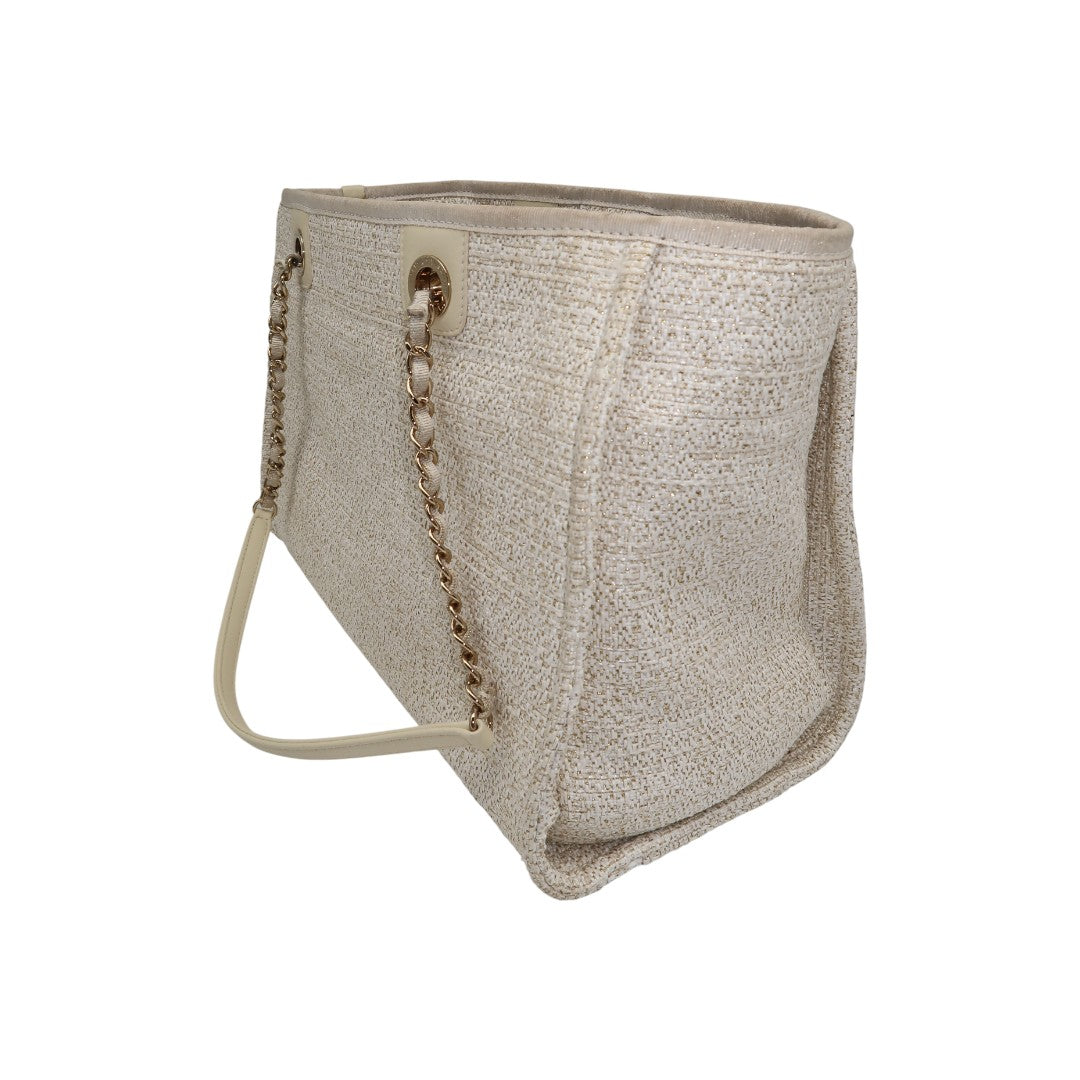 Chanel Lurex Boucle Deauville Canvas Gold Tone Small Tote Bag Beige