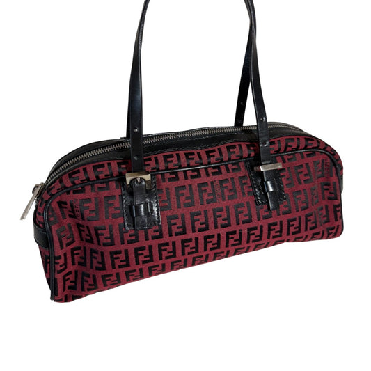 Fendi Zucchino FF Logo Canvas and Leather Top Handle Bowler Shoulder Bag Red