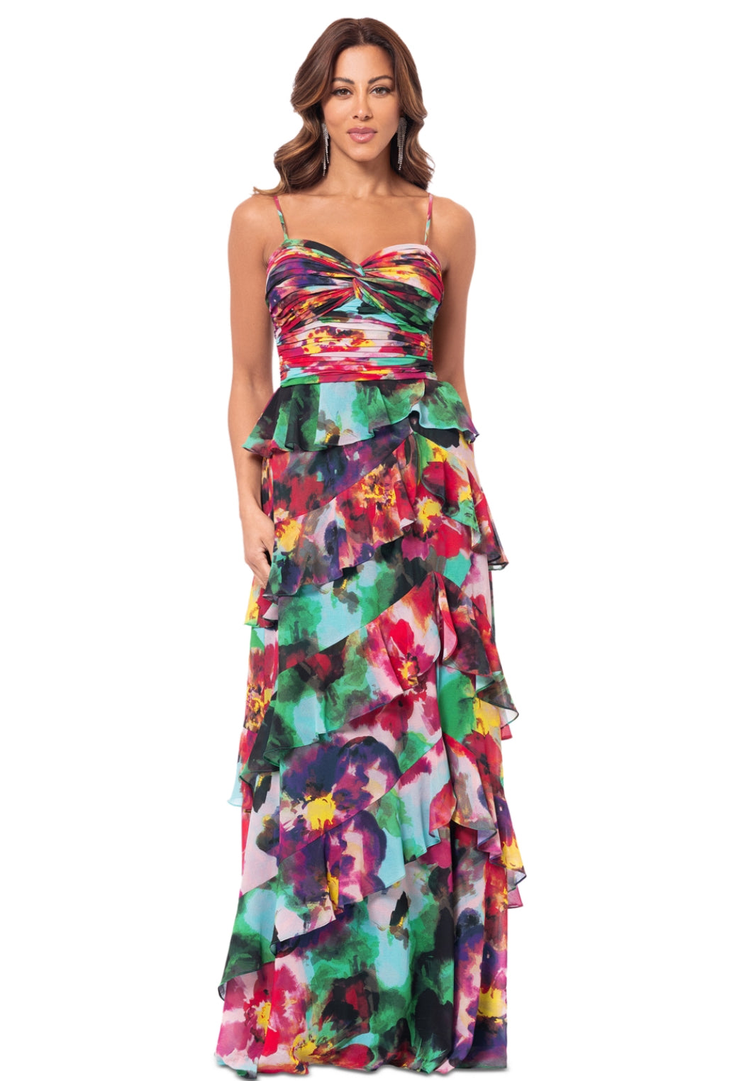 Xscape Chiffon Sweetheart Neck Sleeveless Tiered Dress Multi Printed Size 14
