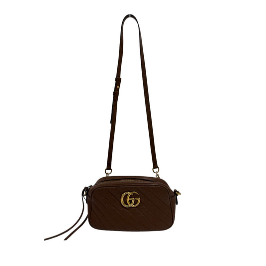 Gucci Calfskin Matelassé GG Marmont Logo Accent Small Shoulder Bag Brown