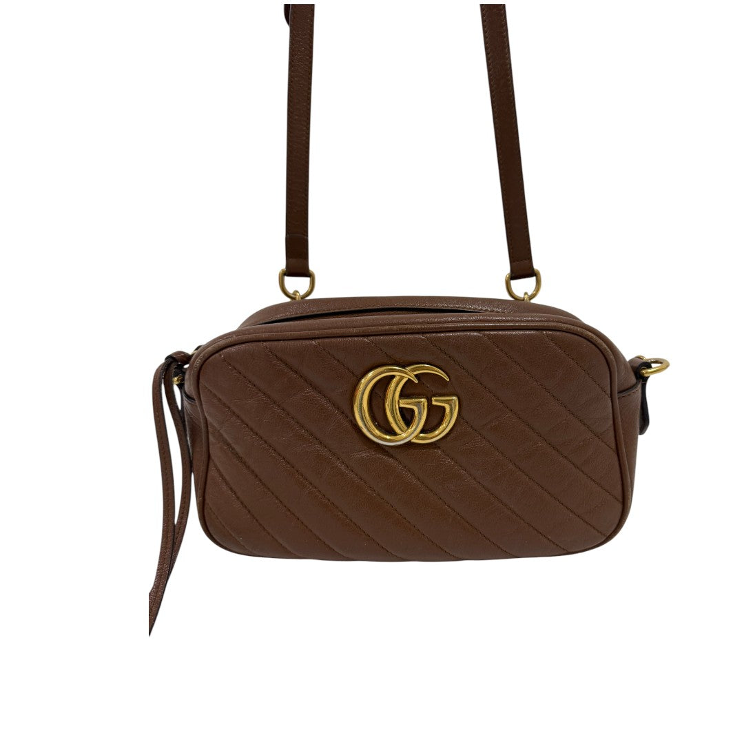 Gucci Calfskin Matelassé GG Marmont Logo Accent Small Shoulder Bag Brown