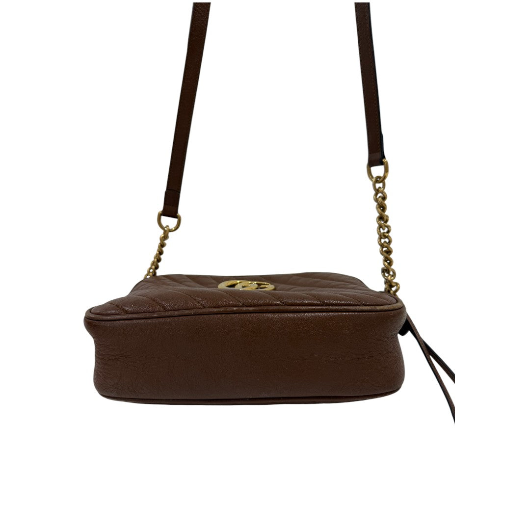 Gucci Calfskin Matelassé GG Marmont Logo Accent Small Shoulder Bag Brown