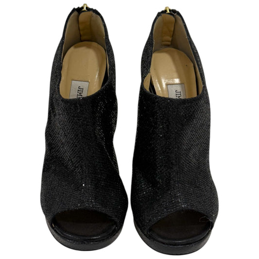 Jimmy Choo Black Glitter Fabric & Leather Hector Peep-Toe Ankle Booties