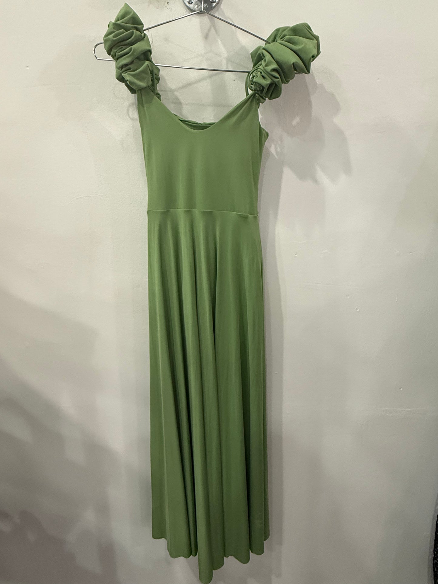 Maygel Coronel Faraglioni Ruched Puffed Ruffle Straps Jade Green Maxi Dress