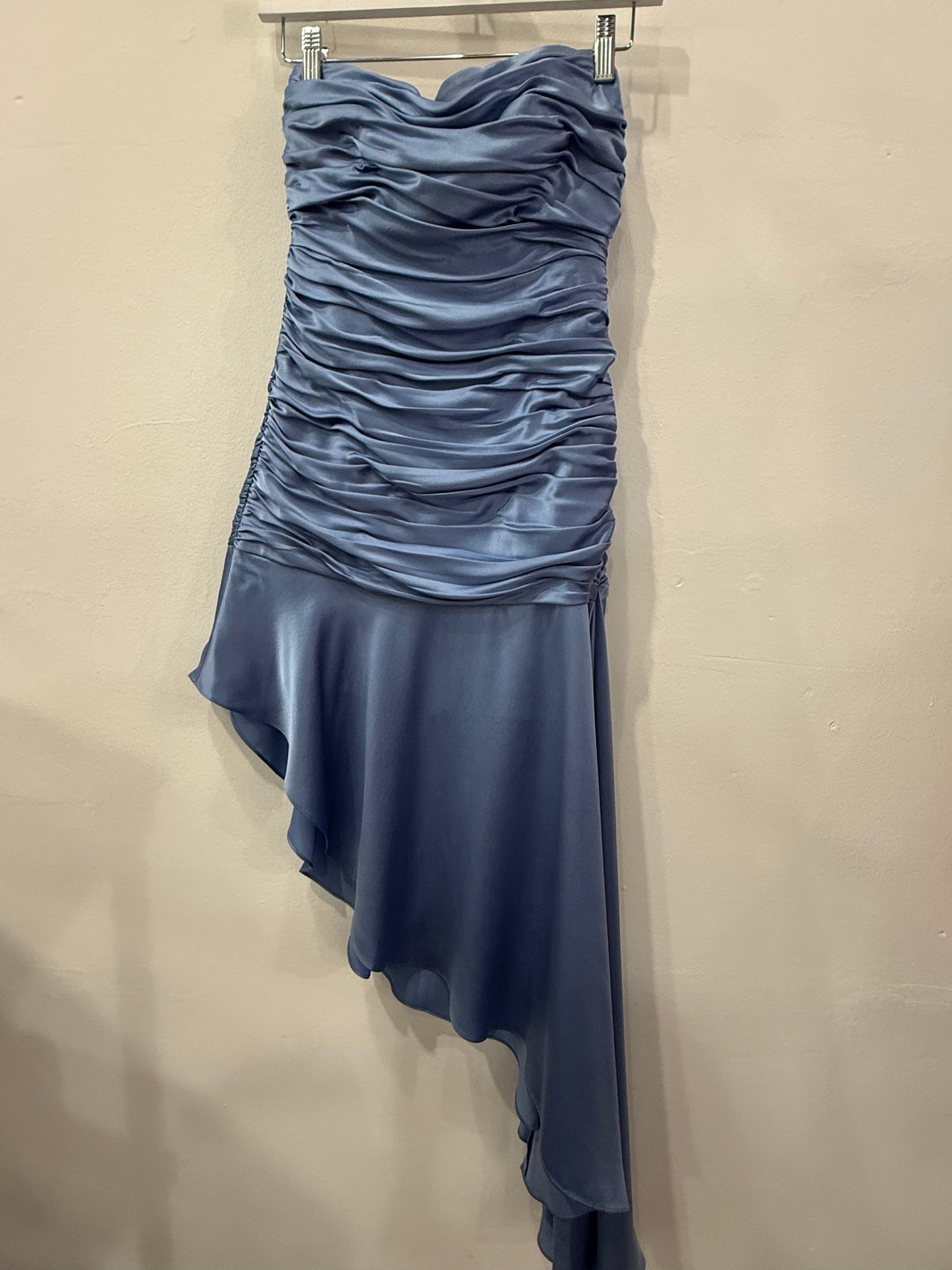 Cinq a Sept Eliza Satin Ruched Asymmetric Strapless Midi Dress Deja Blue Size 0